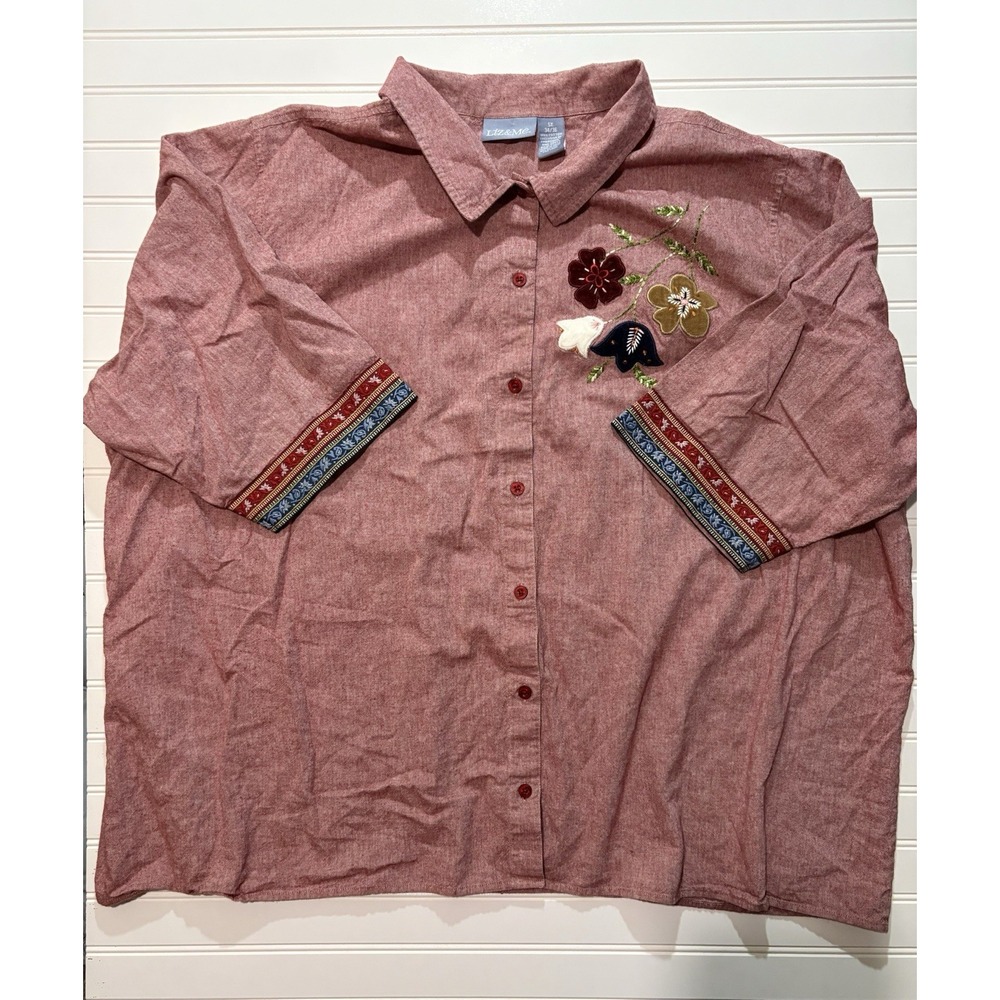 Liz & Me Womens 5X Plus Embroidered Floral Button Up Shirt Rose Cotton Chambray